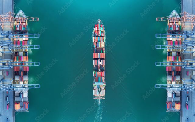 Container ships at a port, seen from above