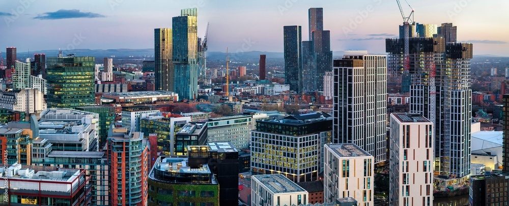 The Manchester skyline at dusk